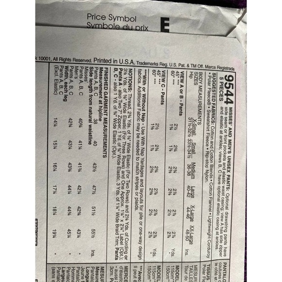 McCalls sewing pattern 9544 unisex pants sz 31.5 32.5 - Picture 4 of 6